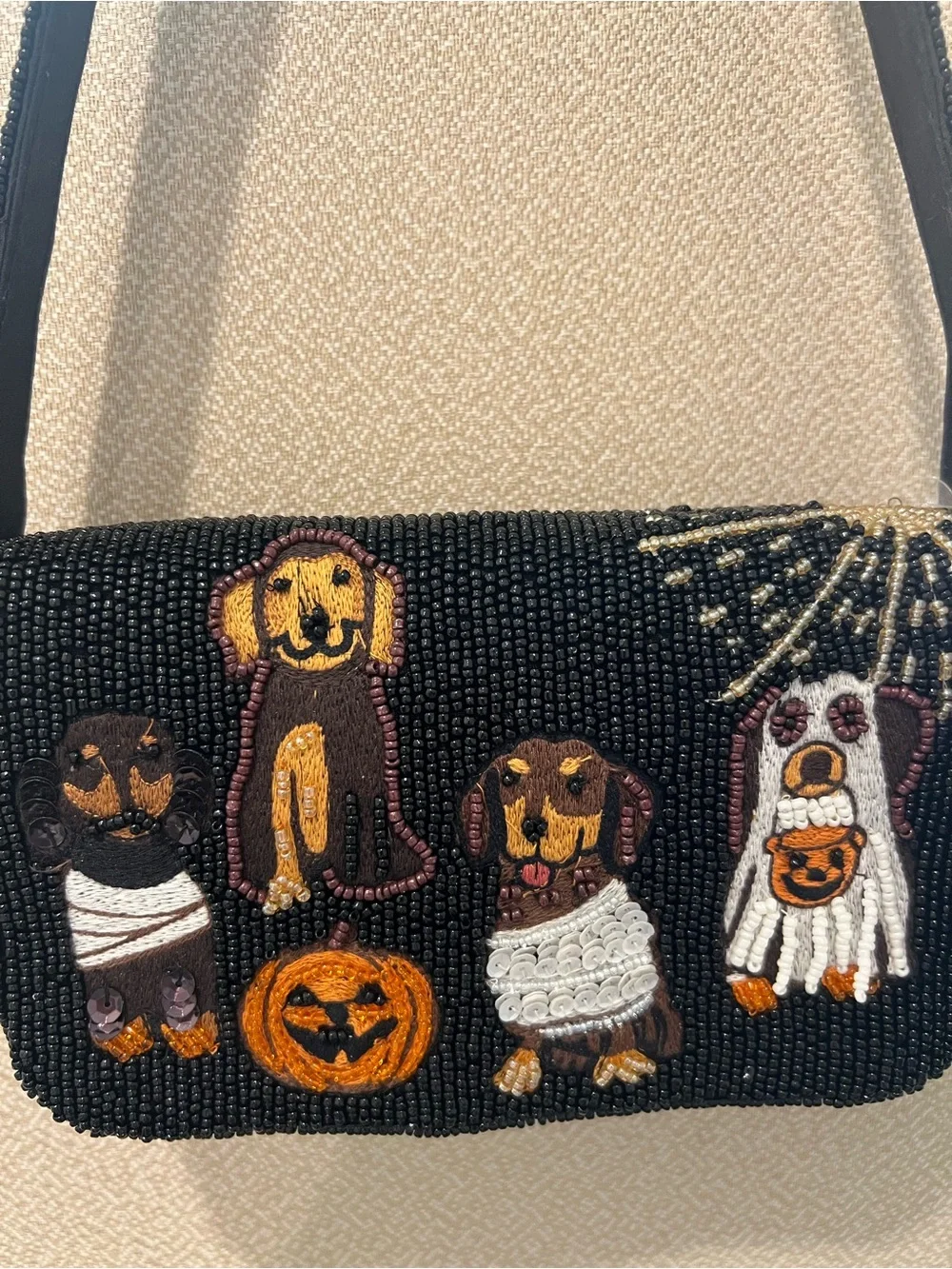Beaded Halloween Dog Motif Shoulder Bag - Black